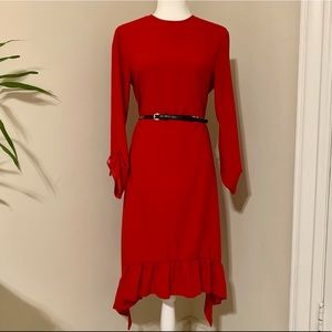 Red ASOS asymmetrical ruffle hem shift midi dress